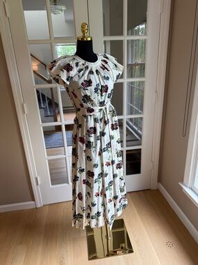 Women’s White Floral Midi Dress with Belt